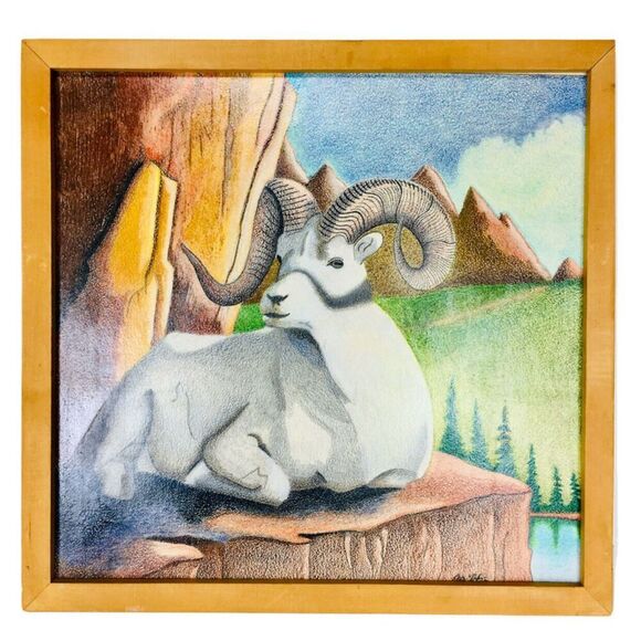 VTG Colored Pencil Drawing Curled Horn Mountain Goat Landscape Original Signed - Picture 1 of 5